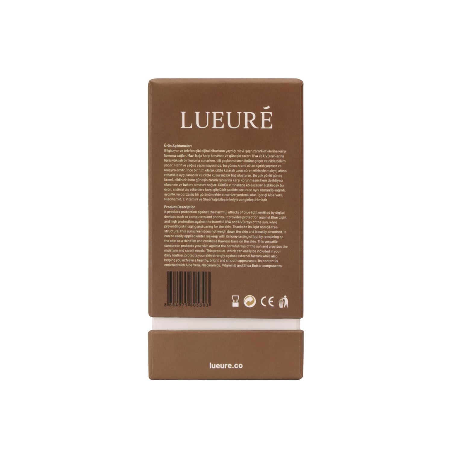 Lueuré 8,5 Saat Korumalı Mavi Işık UVA-UVB Korumalı Güneş Kremi 50SPF+