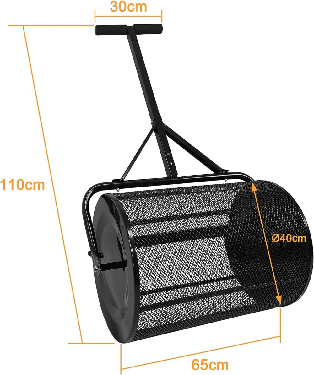 Rozrzutnik kompostu 60 l, 40 x 65 cm, stalowy siewnik do trawnika, wypełniany rozrzutnik trawy z uchwytem piankowym, wszechstronny rozsiewacz nasion do ogrodu i podwórka