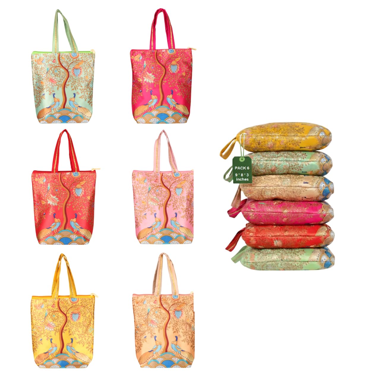 Women Handbag with Double Pocket and Zip, More Design Multipurpose Handbags For Daily Errands, Temple Visits, Gifting, or Pairing with Sarees[Multicolor, 9X8x3 Inch, Pack Of 6]-image-48