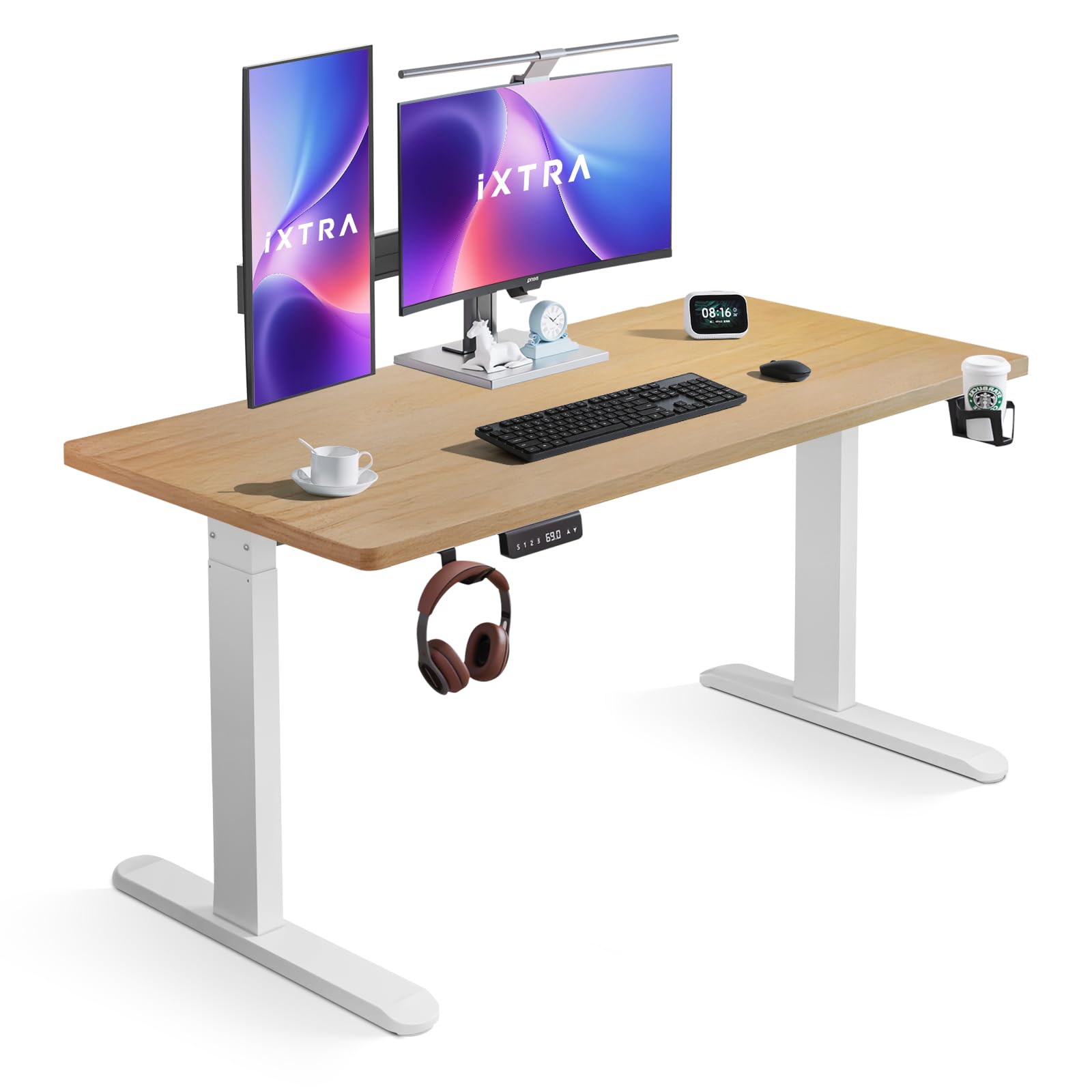 Electric Standing Desk 120 x 60cm Sit Stand up Desk Height Adjustable Computer Desk with Whole Piece Desktop for Home Office with Cable Management(Oak+White )