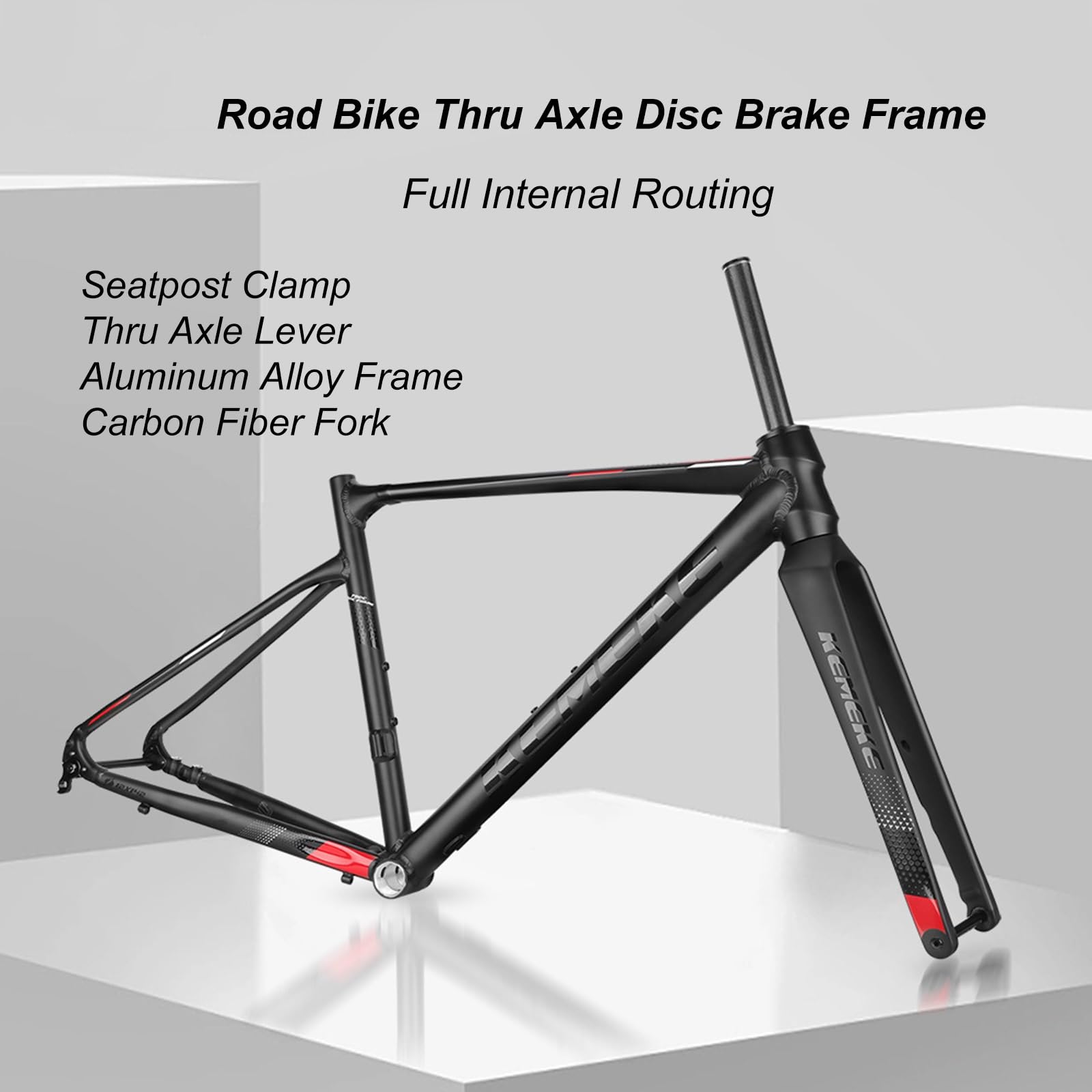 MirOdo 700C Road Bike Frameset 43/46/49/52cm Alu Alloy Bike Frameset with Carbon Fiber Fork Thru Axle F12*100mm R12*142mm Disc Brake XC Frame Internal Routing (Color : Black, Size : 49cm)