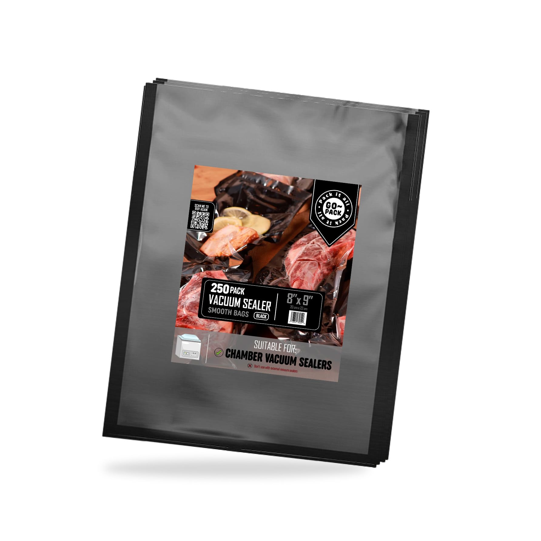 Chamber Machine Pouches, Pre-Cut Chamber Vacuum Sealer Bags, Heavy Duty Seal Pouch, BPA-Free Chamber Sealer, 8x9", Pack of 250 Vacuum Chamber Pouches, COLOR: BLACK