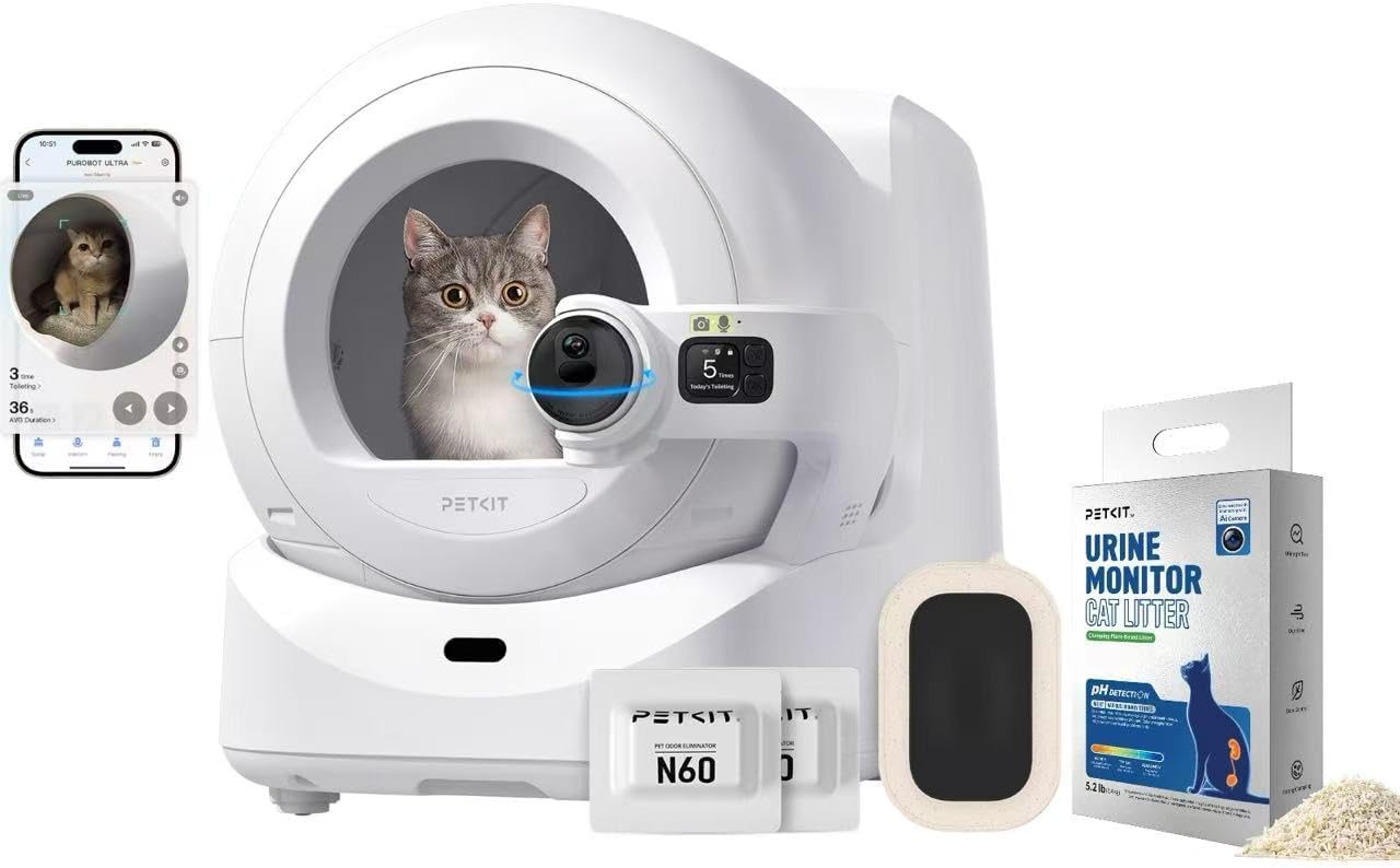 PETKIT Purobot Ultra 2025 New Accurate cat Facial Recognition & Poop Monitor Automatic Self-Cleaning Cat Litter Box with Touch-Free Waste Packing, Bundle with 1 Bag Urine Monitor Litter