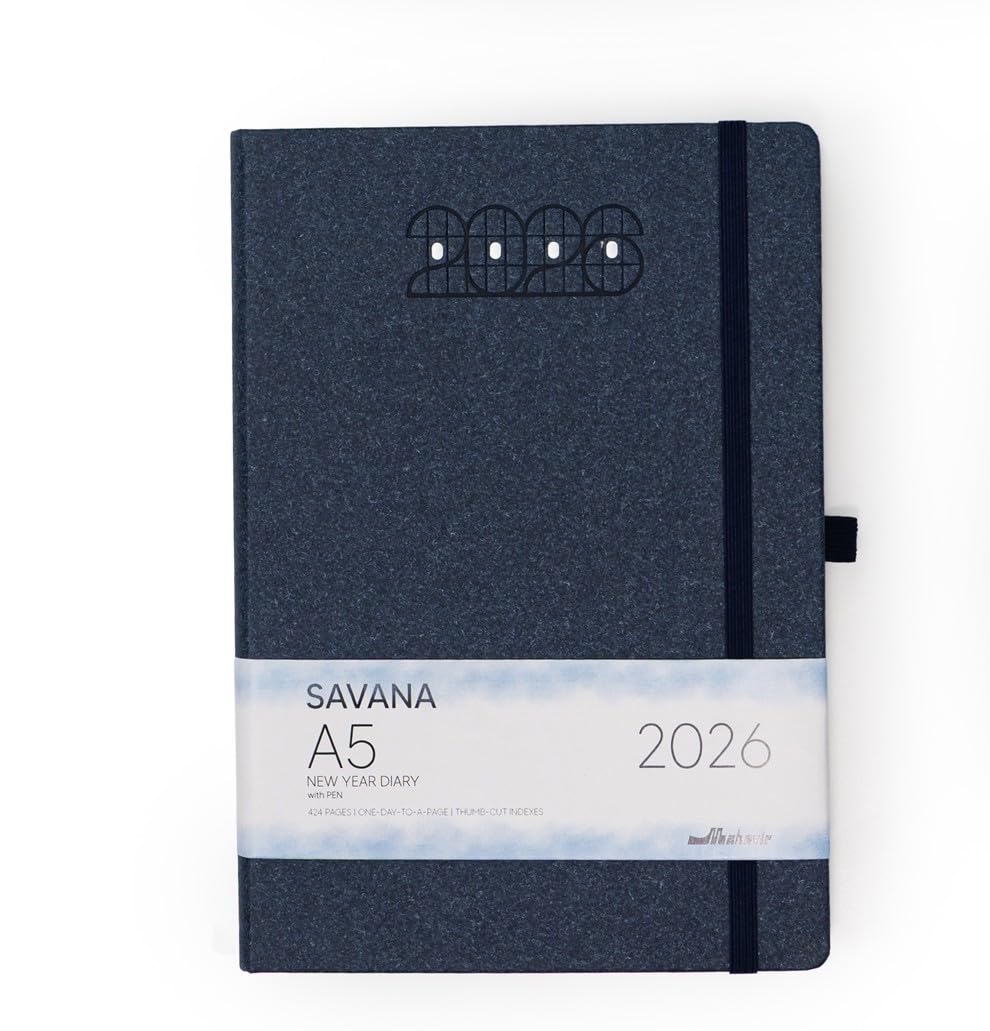 Mahavir Savana Terminplaner 2026, A5, Neujahrstagebuch, Tagesplaner mit Gummiband und Stiftschlaufe, 424 Seiten, 70 g/m², natürliches Farbtonpapier, Thermopapier, unbeschichtetes Papier, Blau