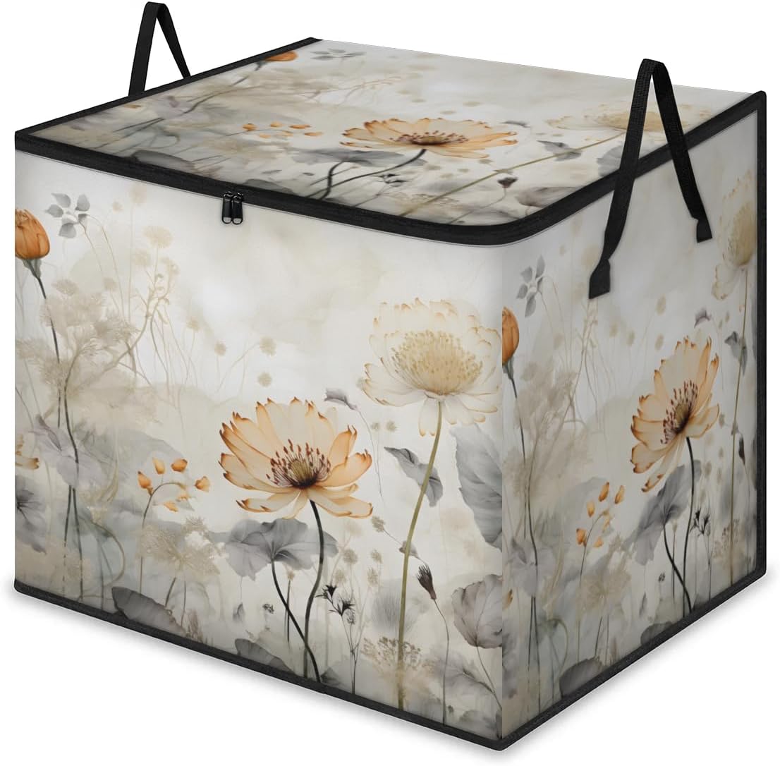 Honeybaby 214L Extra Large Comforter Storage Bag Flowers Mist Storage Totes with Lids Waterproof Closet Organizer Folding Blanket Storage Bags for Clothes Bedding Pillows