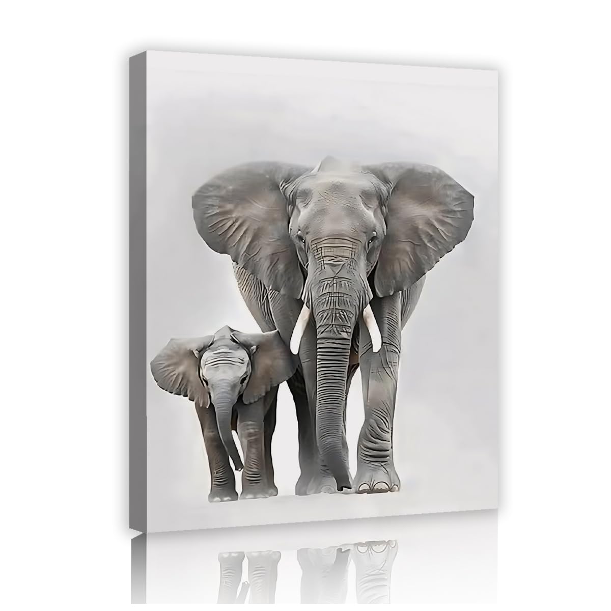YUNART Framed Elephant Wall Art Black and White Elephant and Cub Canvas Paintings Large African Safari Animal Wall Art for Living Room 75x95cm Innerframe