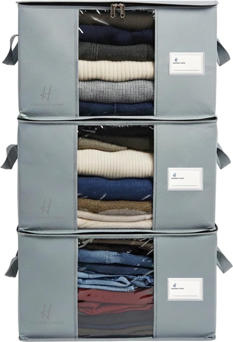 Premium Fabric Storage Bags Set of 3 with Clear Window, ID Pocket, Zipper & Handles | Large Capacity Blanket & Saree Storage Box for Wardrobe & Underbed (Grey, 60 L)