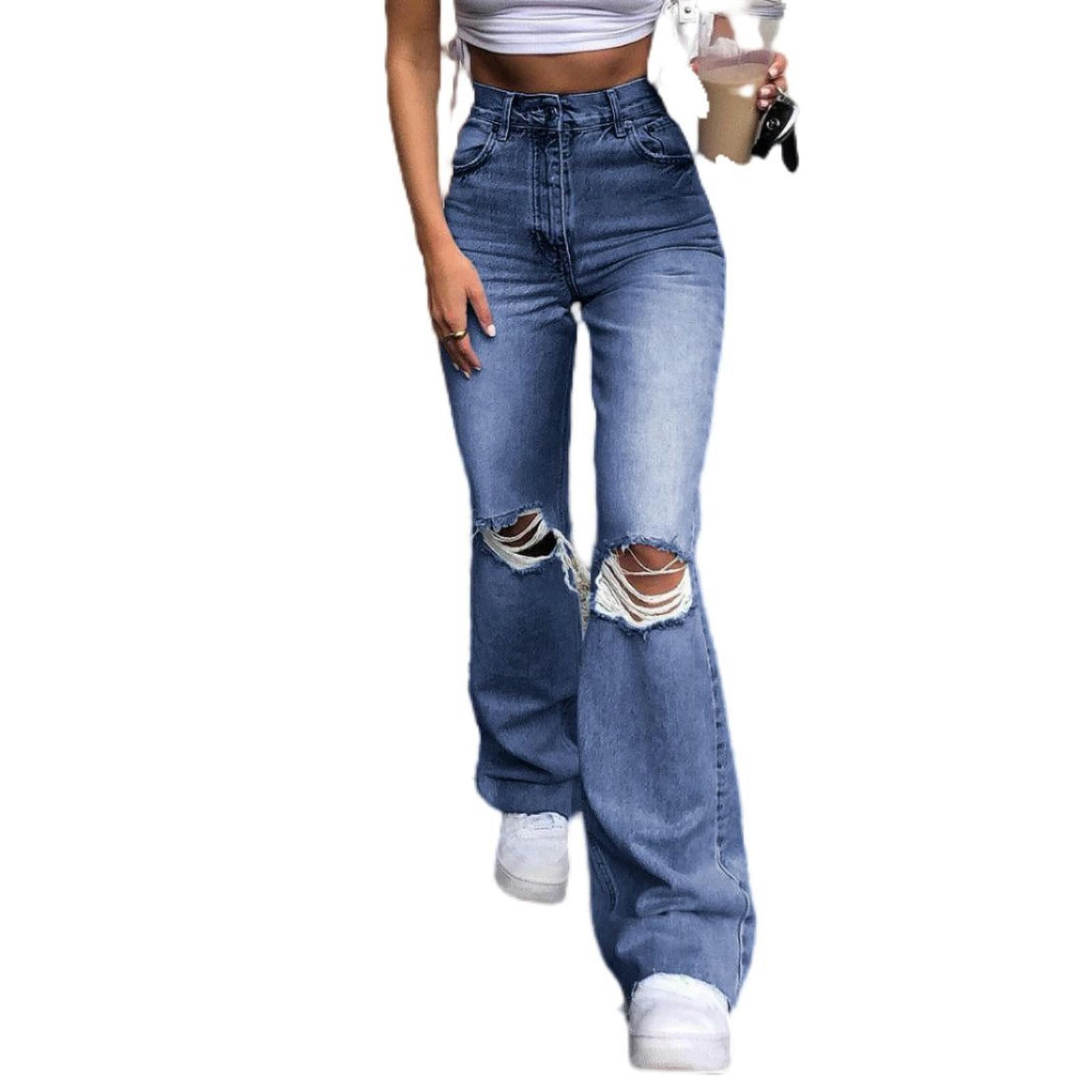 Pantaloni in Denim a Gamba Larga Jeans Bootcut Strappati - Nero e Grigio - M