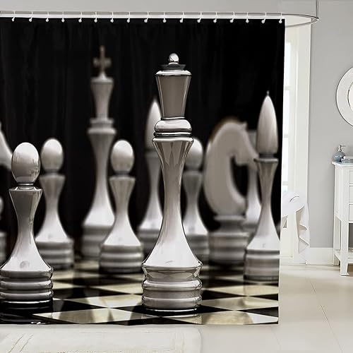 Feelyou Cortina de ducha de ajedrez internacional para niñas, niños, juego de cortina de ducha de ajedrez de tamaño King y caballero, juego de