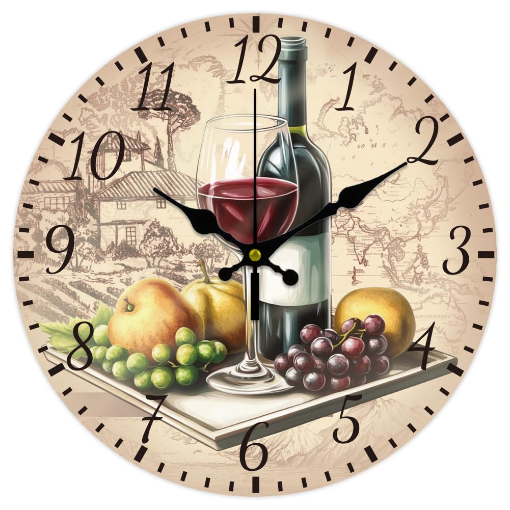 CHGCRAFT 12inch Retro Wine en Wall Clock Battery Operated Silent Non Ticking Round Decorative Clock for Office Home Living Room Bedroom Bathroom Kitchen Decor, Red Wine