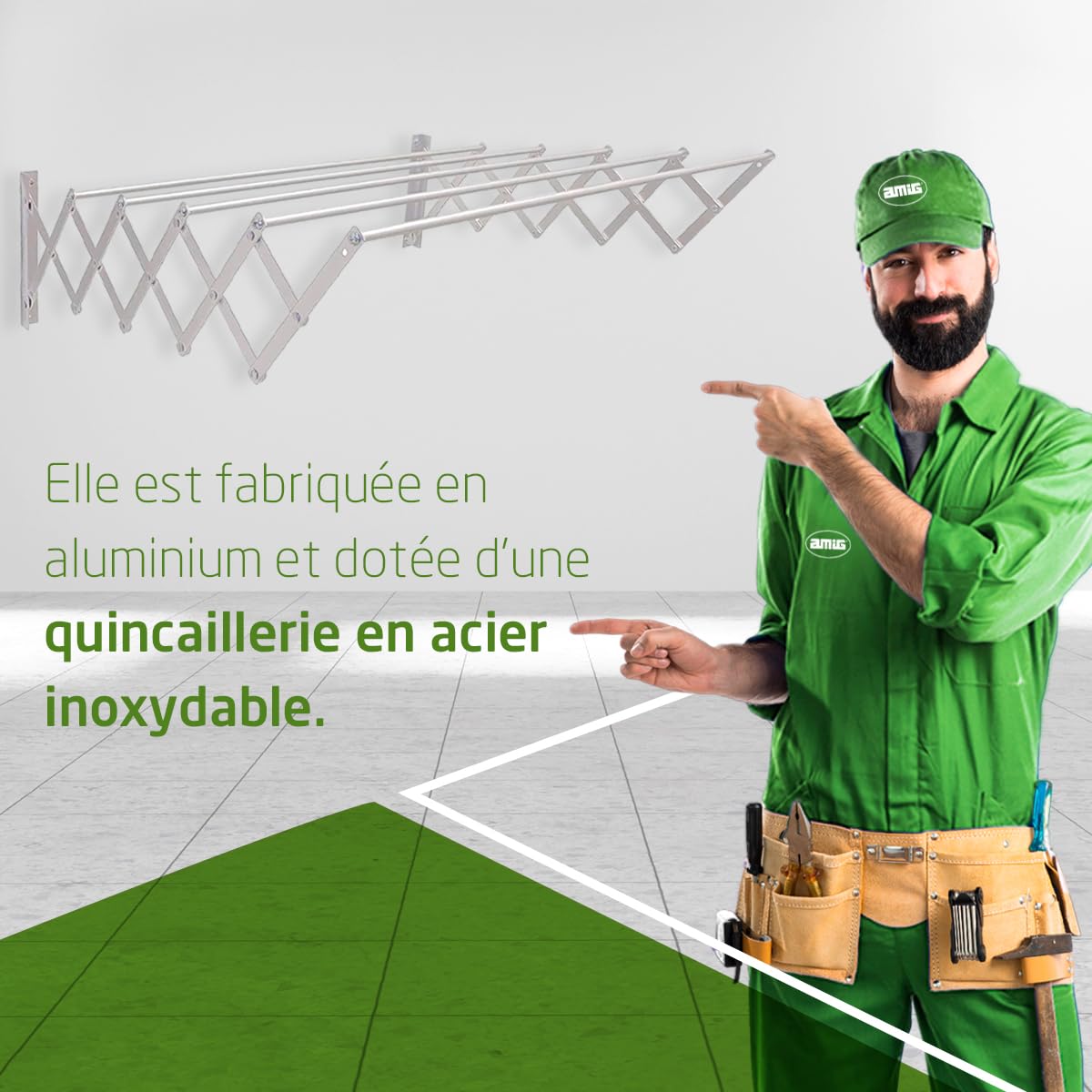 Amig – Étendoir Mural Extensible - Dimensions : 180 x 14 x 3 cm - Surface d’étendage : 9 m - Aluminium Inoxydable - Visserie en Acier Inoxydable - pour intérieur et extérieur - Installation Facile