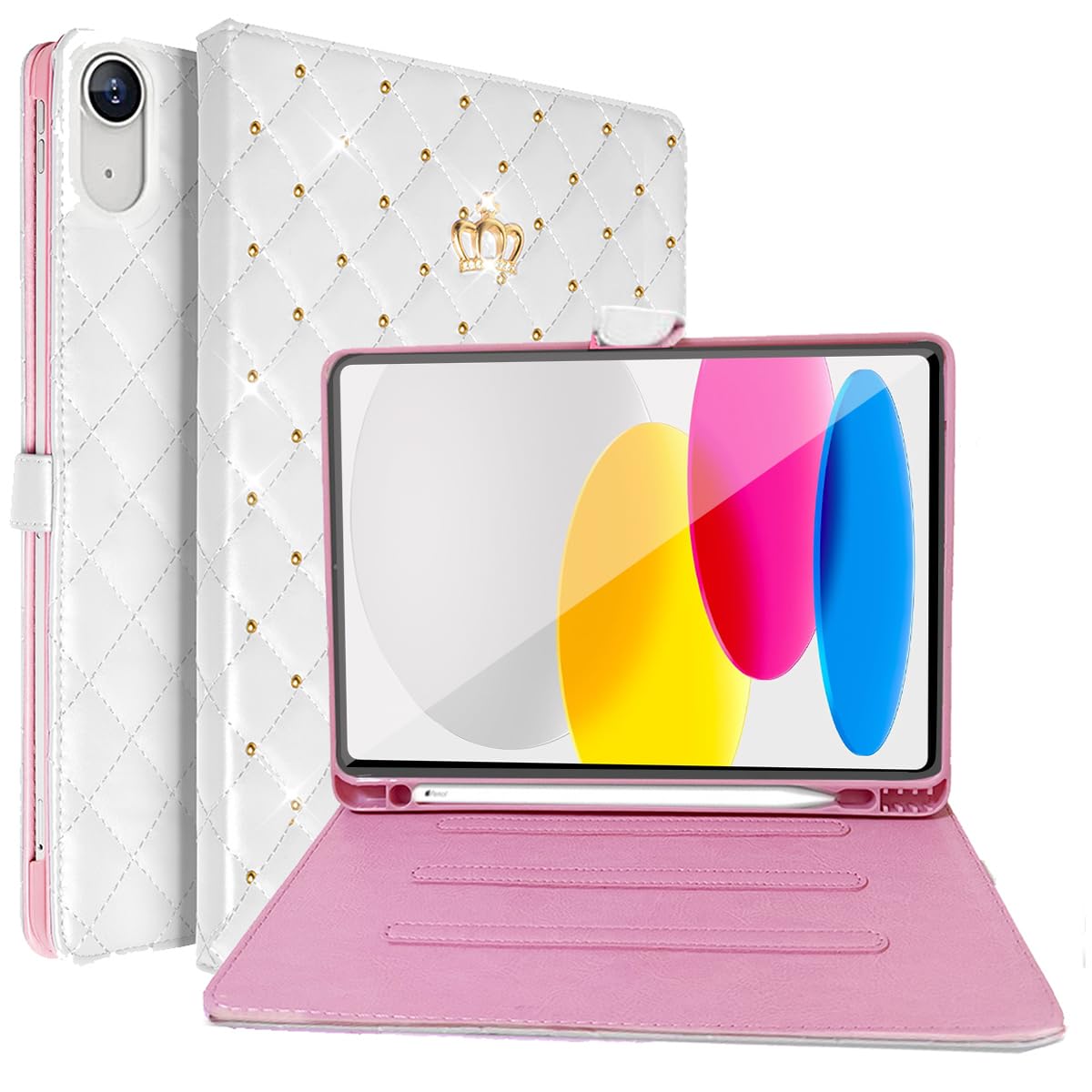 AuroiCCY for iPad (A16) 11th 2025/iPad 10th 10.9" 2022 Case with Pencil Holder, PU Leather Girls Cute Rhinestone Crown Shockproof Flip Smart Auto Wake