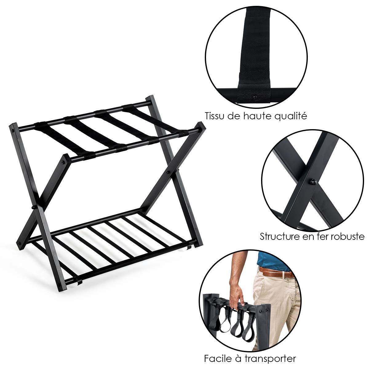 GYMAX Support de Bagage à 2 Niveaux, Porte-Bagages Pliable en Fer Solide pour Valises, Bagages, Chaussures, Support de Valise Pliant, Parfait pour Maison, Hôtel, 68 X 43 X 56 CM (Noir, 2)