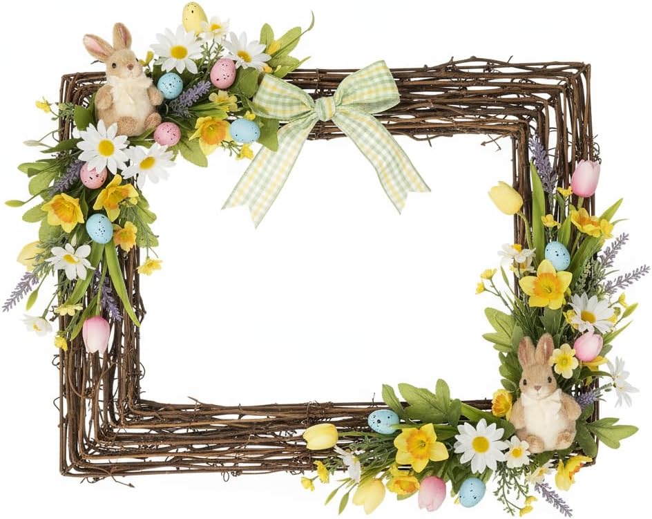 Housoutil Square Grapevine Wreath, Easter Grapevine Wreath Forms for DIY Crafts Vine Branch, Rattan Twig Base Decorative for Easter, Seasonal Front Door Wall Window Hanging, Wedding and Party Decor