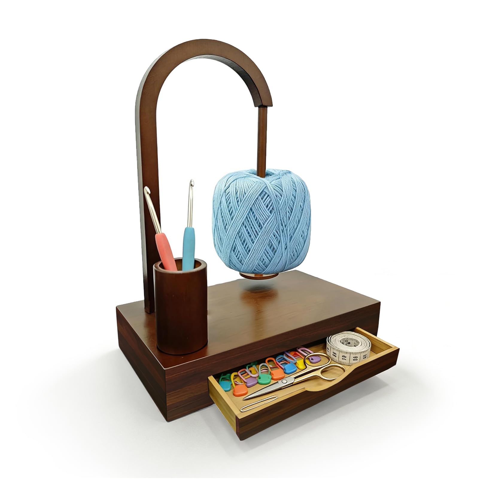 Photo 1 of OYPGUE Upgraded Yarn Holder for Crocheting with Drawer Storage, Yarn Holder Spinner with Magnetic Rotating Anti-Tangle Fits All Yarn Types (Brown)