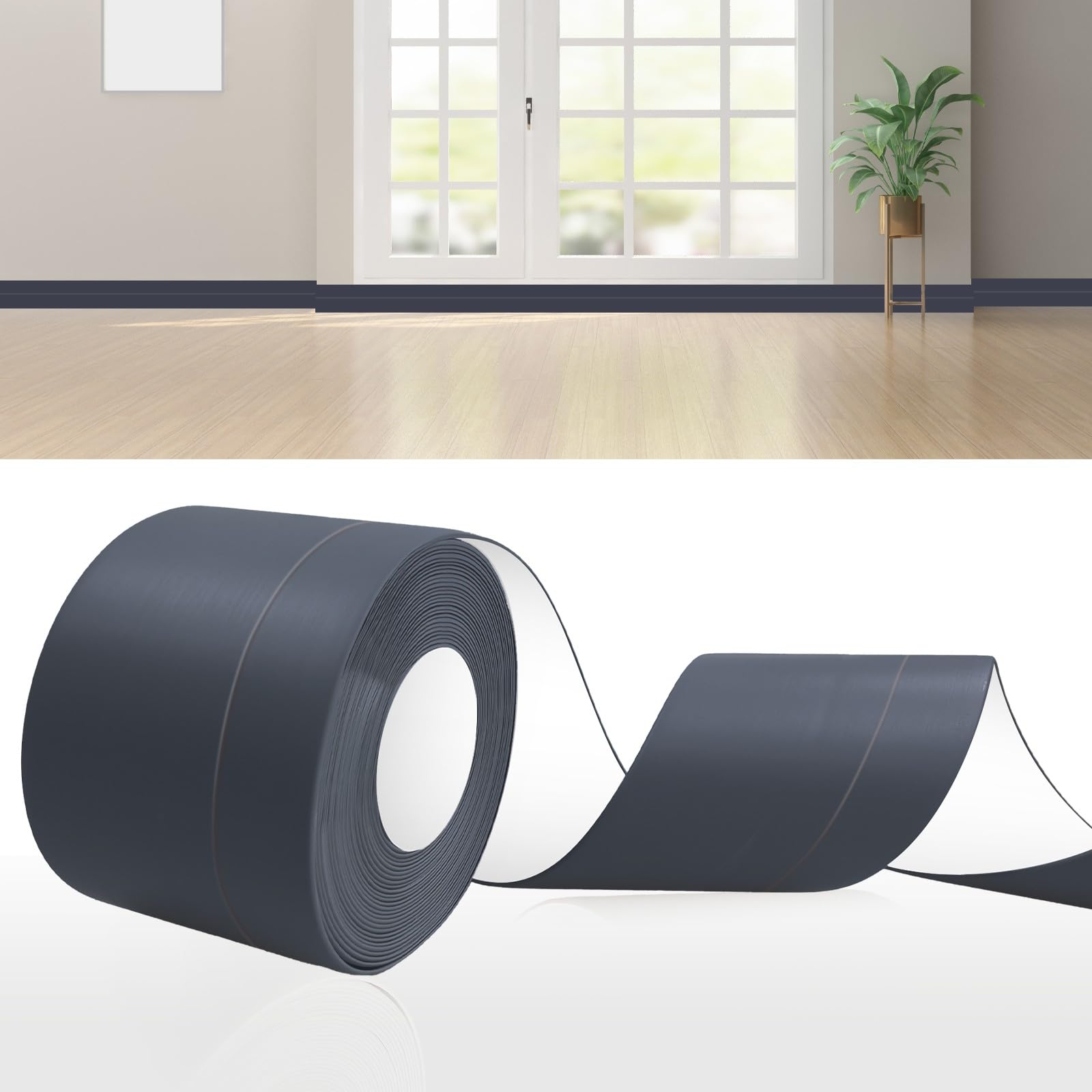 DIKARIYA Weichsockelleiste Selbstklebend Dunkelgrau, 60x20mm 6 Meter PVC Sockelleiste Selbstklebende, Weichsockelleiste Flexibel Fussleisten Selbstklebend, Flexible Knickleiste für Küche Badezimmer