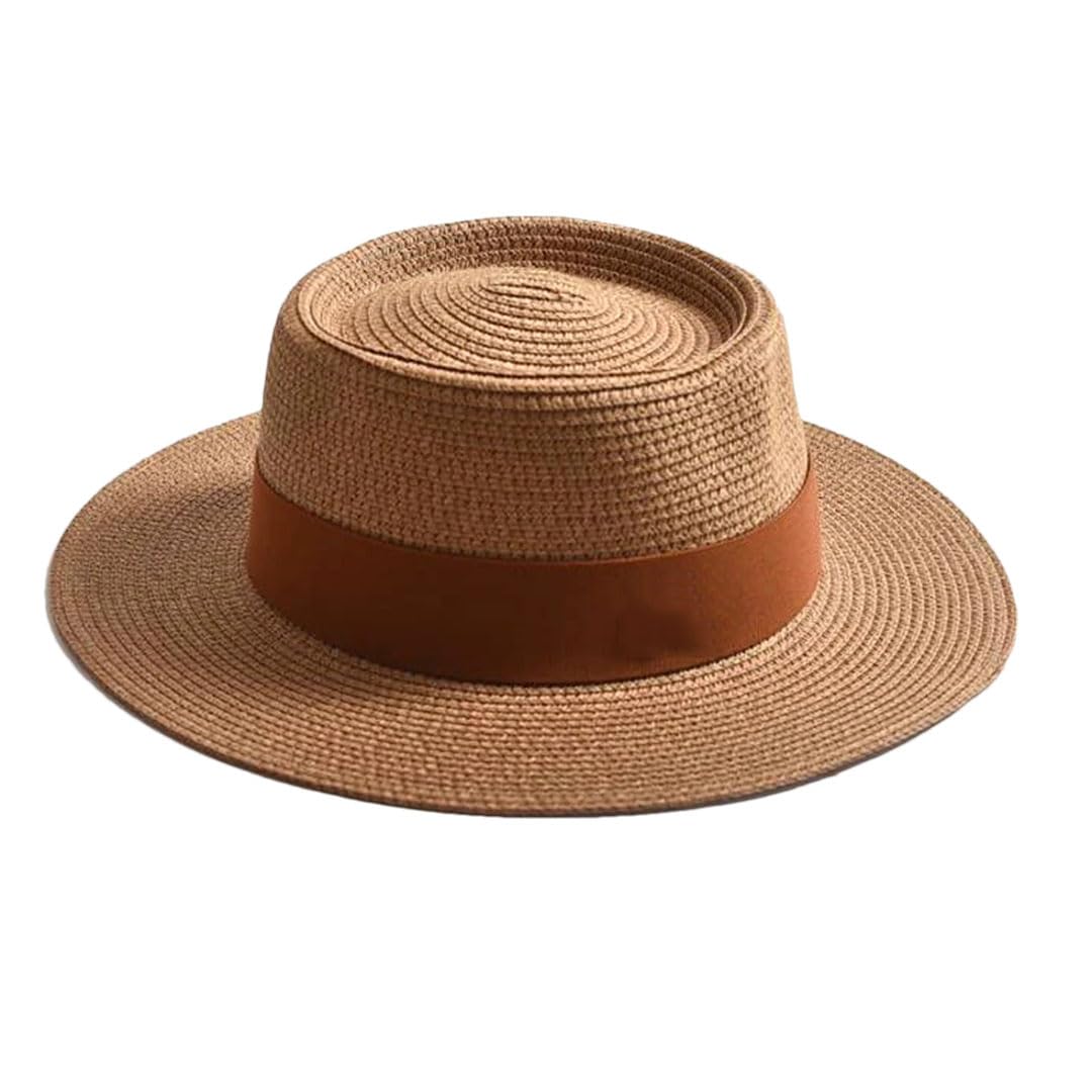 EYRMQWJPC Wide Brim Sun Hat, Women Summer Straw Sun Hat Flat Brim Ribbon Beach Travel Dress Multicolor(Khaki)