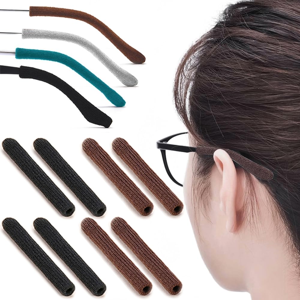 4 Pairs Eye Glasses Ear Grippers, Soft Knitting Cotton Arm Cushion for Glasses Behind Ear, Anti Slip Eye Glass Ear Grips, Non Slip Ear Pads for