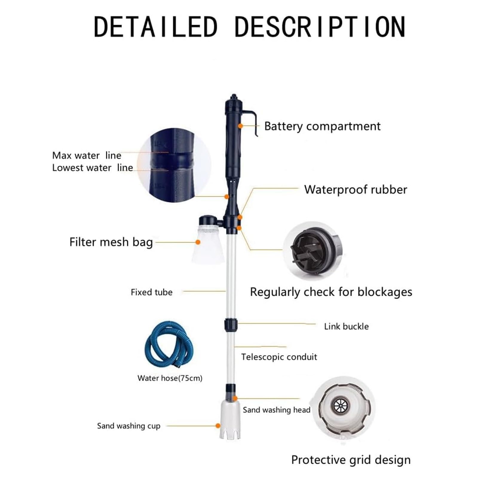 Nettoyeur de gravier d'aquarium, changeur d'eau à pression manuelle avec bouton de compression d'air, siphon d'aquarium, kit de nettoyage du sable avec tuyau pour un entretien facile
