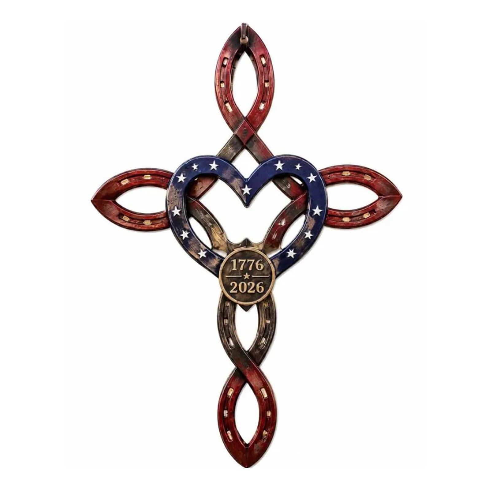 GUUZETU Us America 250th Rustic Horseshoe Cross Decor, 1776-2026 Patriotic Farmhouse Wall Hanging, Vintage American Flag Cross Decoration, Farmhouse Porch Sign for Fourth of July, Front Door (1pcs)
