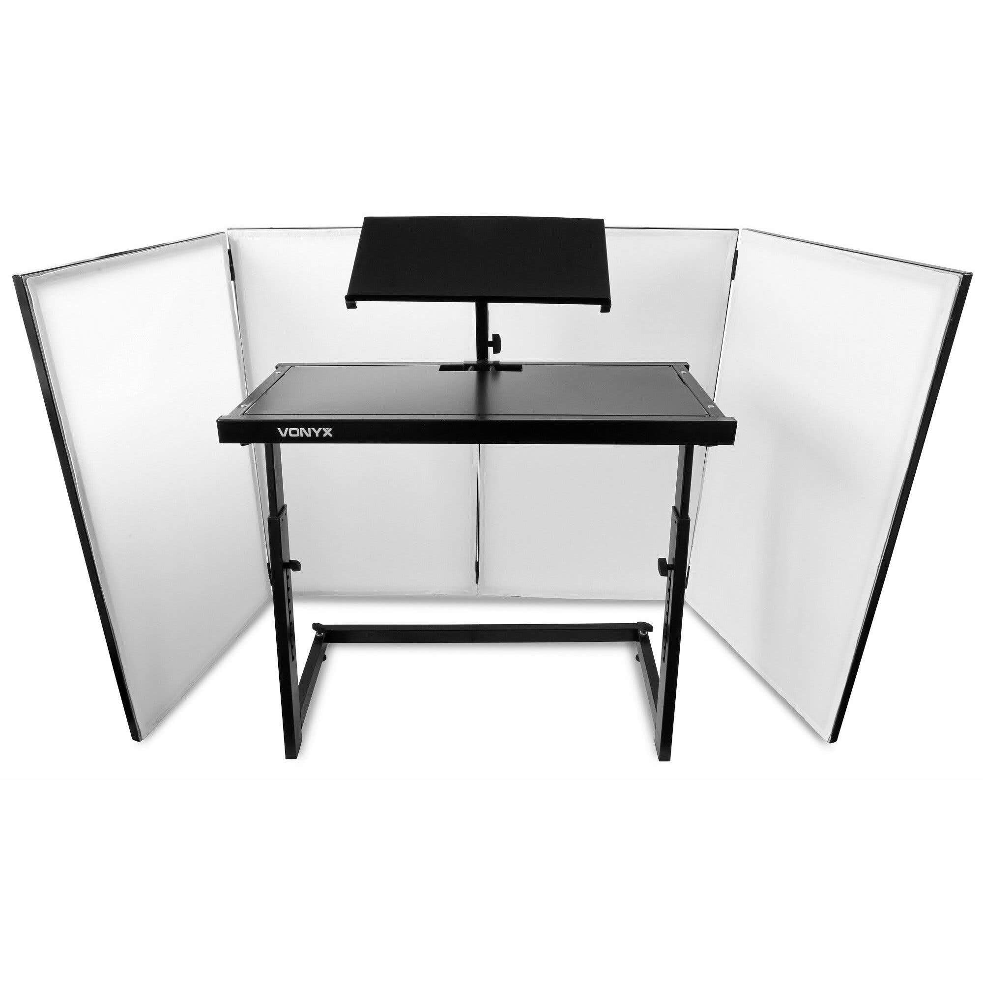 Vonyx DJ Pult Komplettset - höhenverstellbarer DJ Tisch Mobil, Vonyx DB10 mit klappbarer Front, Lycra-Stoff, DJ Pult, DJ-Booth, mobiler DJ-Stand, 45,5 x 102,5 x 90 cm, DJ Stand mit mobiler Wand
