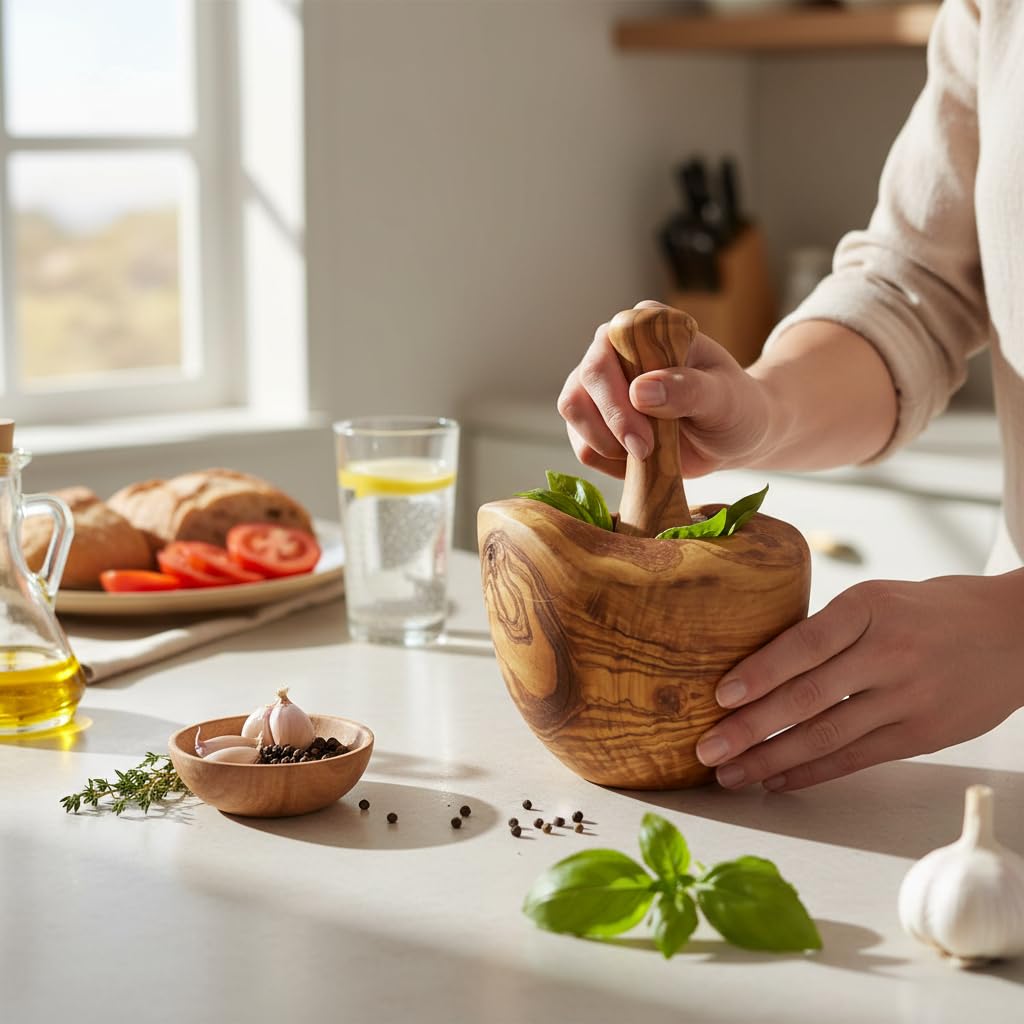 OLIVIKO™ Handcrafted Olive Wood Mortar and Pestle - Mediterranean Single-Piece Solid Olive Wood - Natural Herb and Spice Grinder