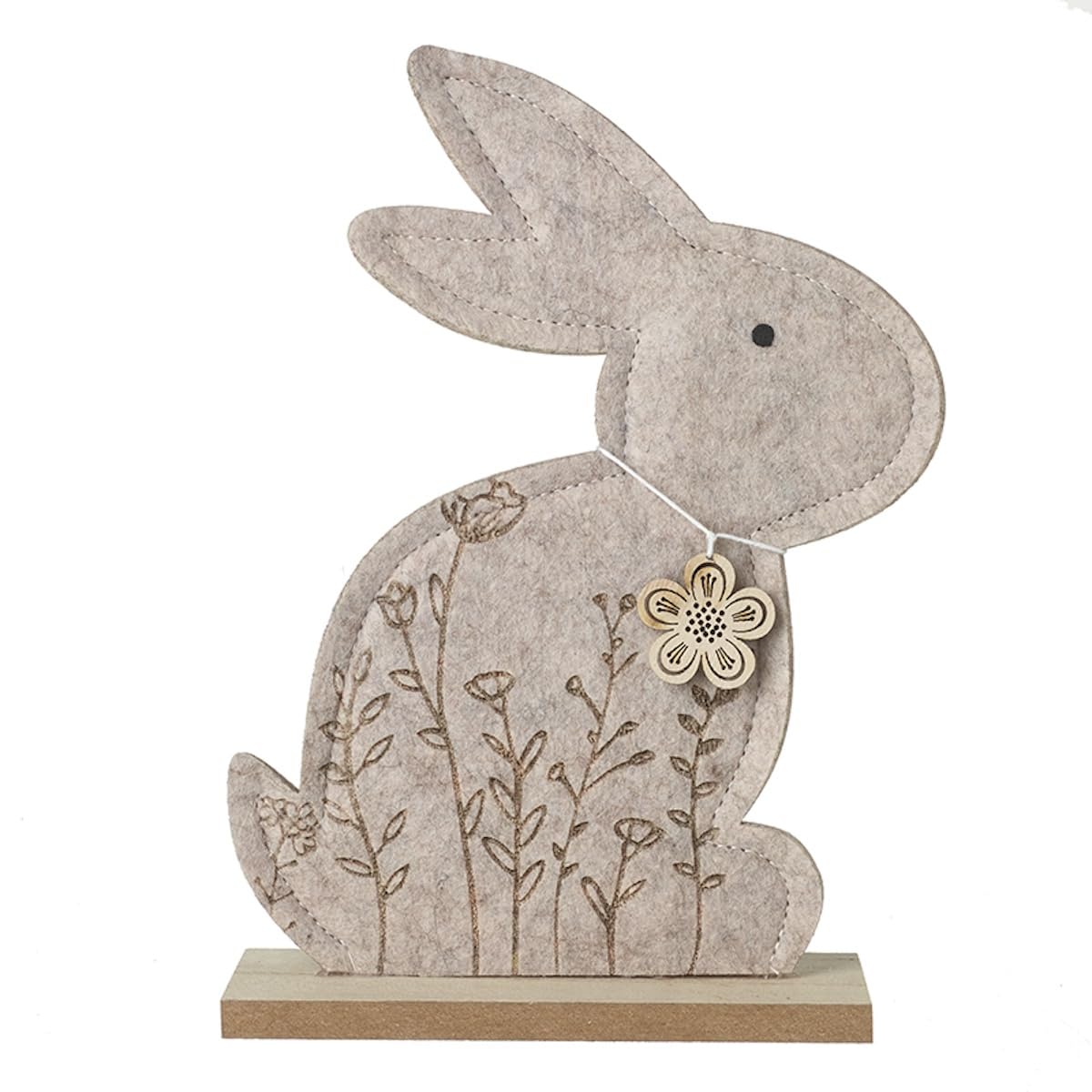 Heaven Sends Beige Floral Felt Rabbit On Wooden Stand Easter Decoration