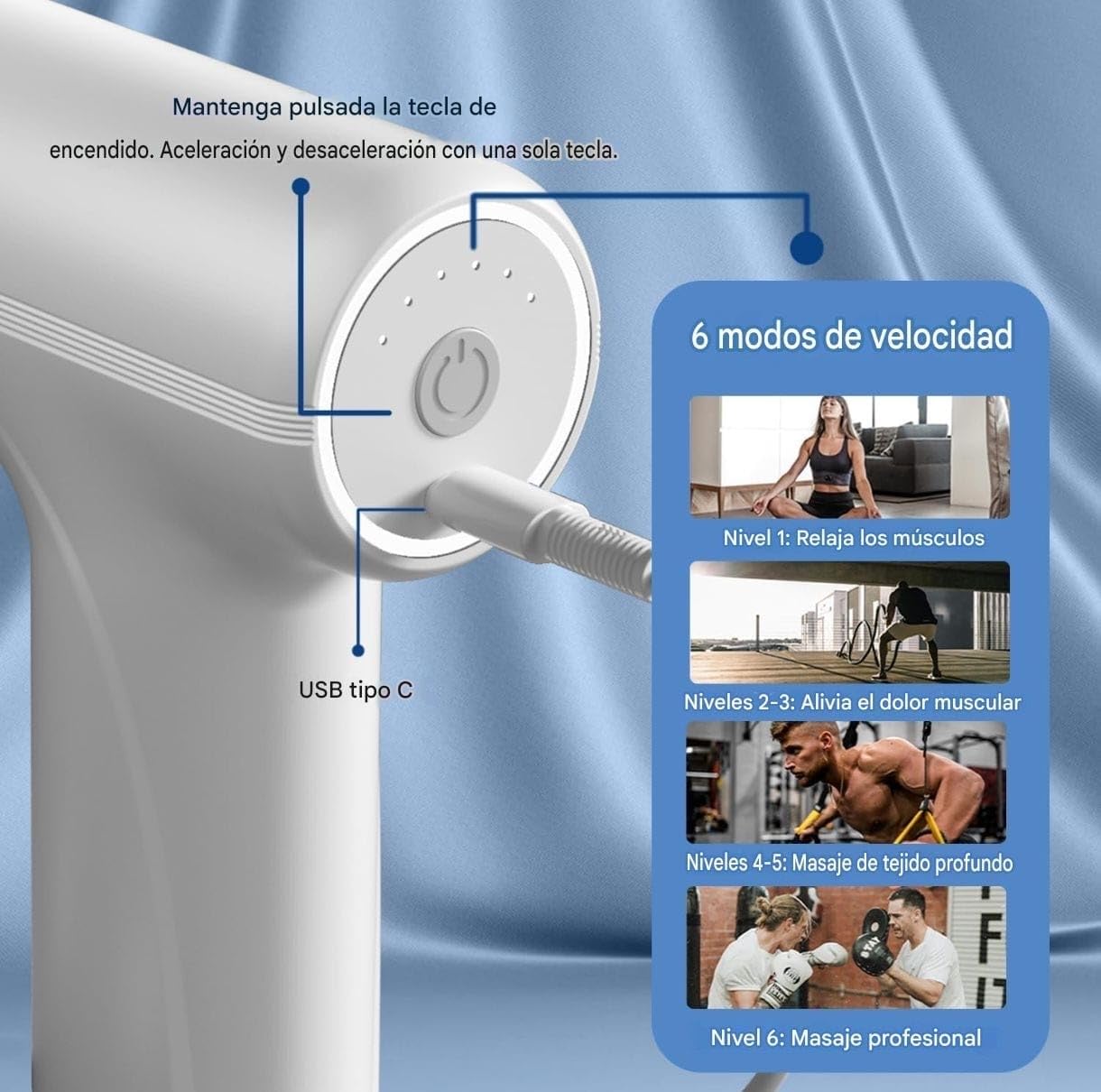 Pistola de Masaje Muscular Portátil Profesional – 6 Velocidades, 4 Cabezales Intercambiables, Motor Ultrasilencioso y Batería de Larga Duración USB-C – Alivio para Dolor, Tensión y Recuperación