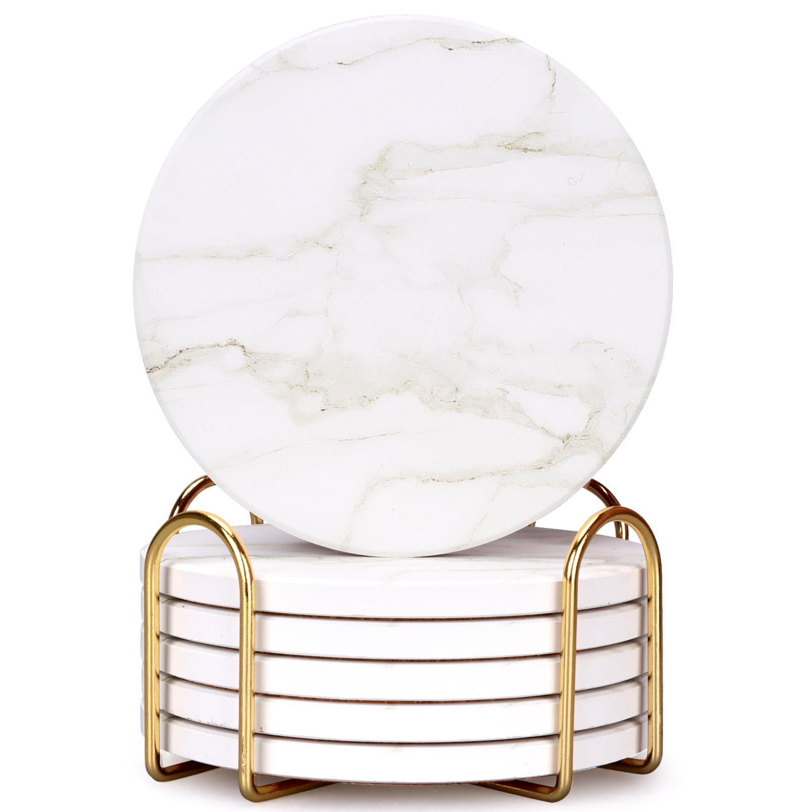 White Marble Coasters Set of 6 Best Round Ceramic Absorbent Coasters with Holder Coffee Cup Coaster Modern Drink Coaster for Bar, Table, Desk