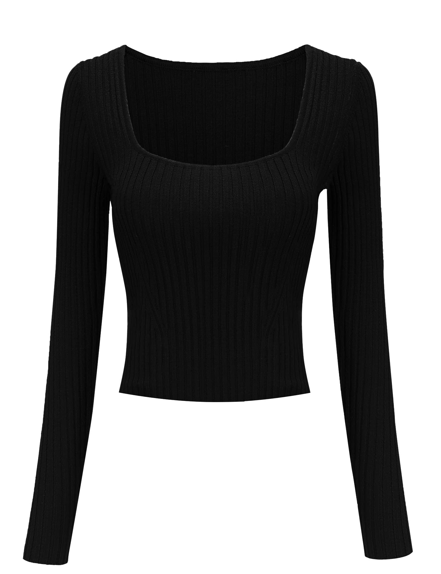 v28Women Long Sleeve Sexy Fitted Crop Tops Slim U Square Neck Knit Short Pullover