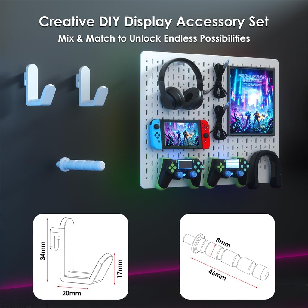 Pegboard Wall Organizer with Built-in RGB Ambient Lighting Strip, White Peg Board with Hooks for Office, Kitchen, Gaming Room, Desk Storage Display Rack, 2PCS 22 * 14.8 inch