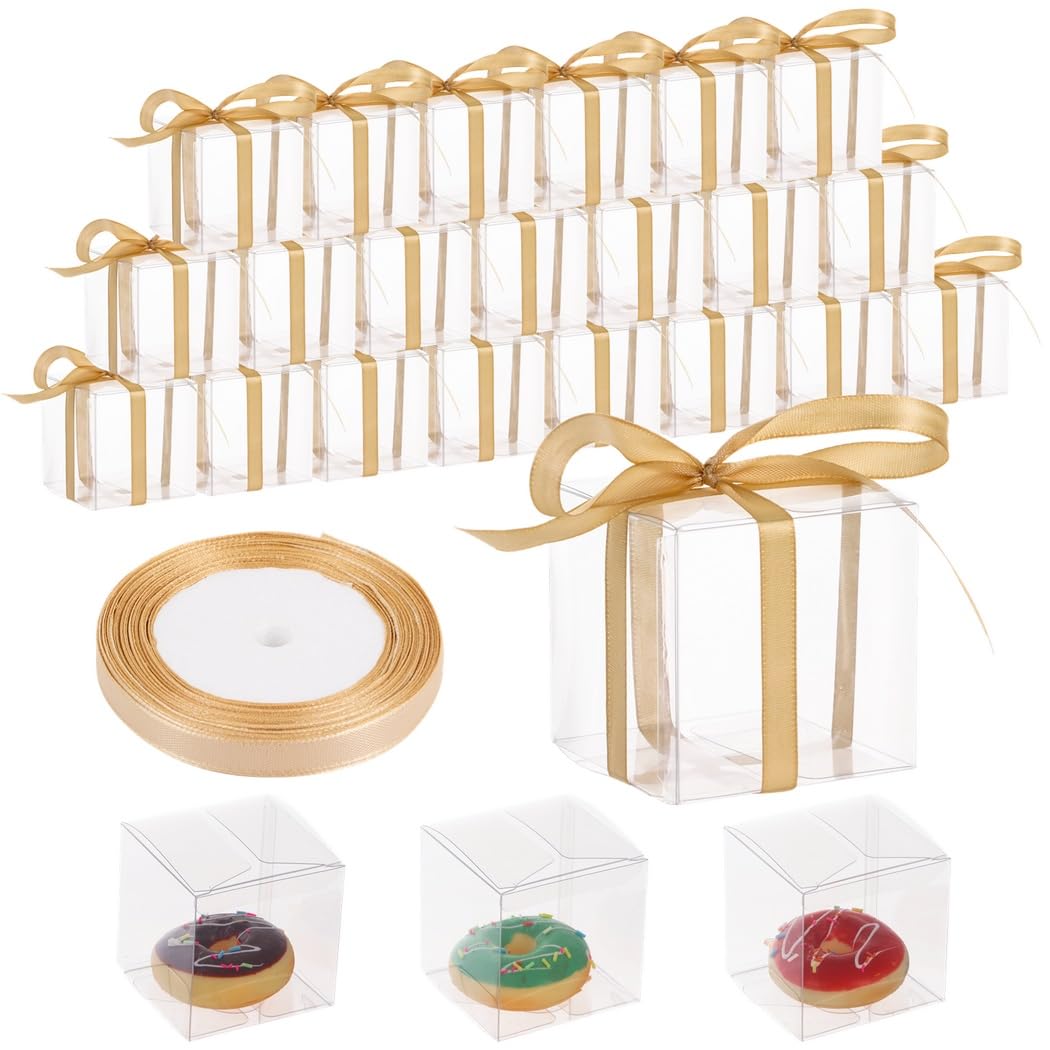 50 Stk. Klare Geschenkboxen, 2,76 × 2,76 × 2,76 Zoll, Party-Geschenkboxen mit Geschenkband, kleine Kunststoffboxen, Würfelboxen für Gebäck, Cupcake, Süßigkeiten, Hochzeit, Party