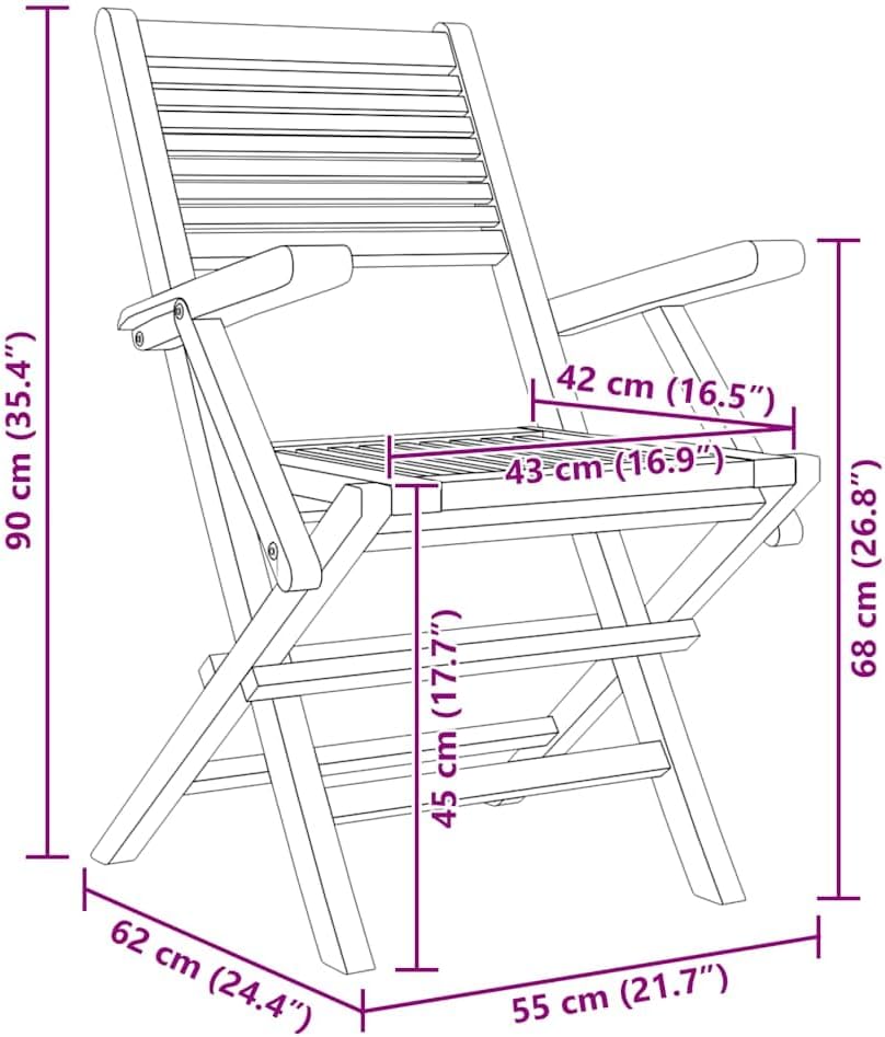 Diagram showing the dimensions of the vidaXL folding patio chair in centimeters and inches.