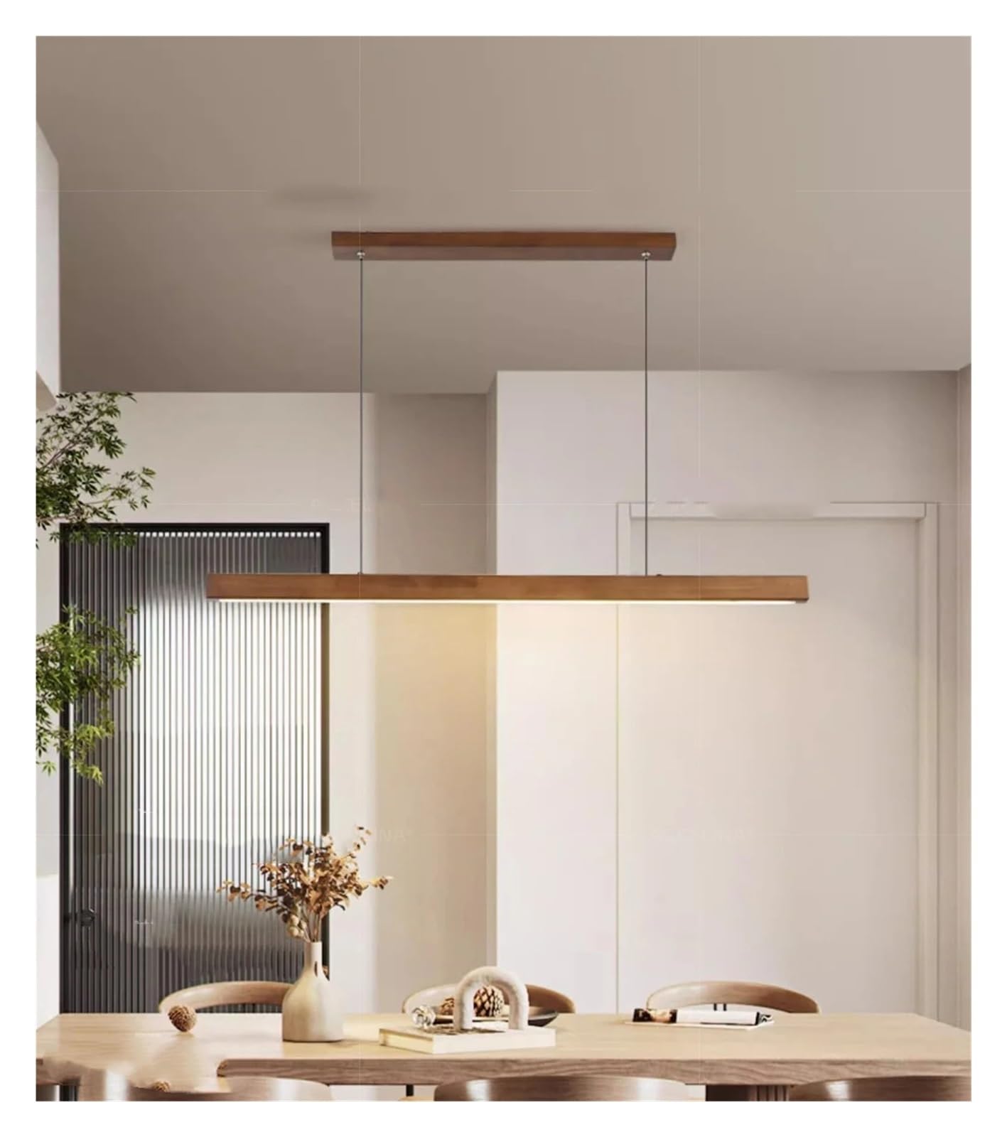 ASerZenith Modern Led Pendant Light Wood Long Strip Dining Table Lamp Stepless Dimming Suspension Chandelier For Living Dining Room Kitchen Lighting Fixture,Walnut-100Cm