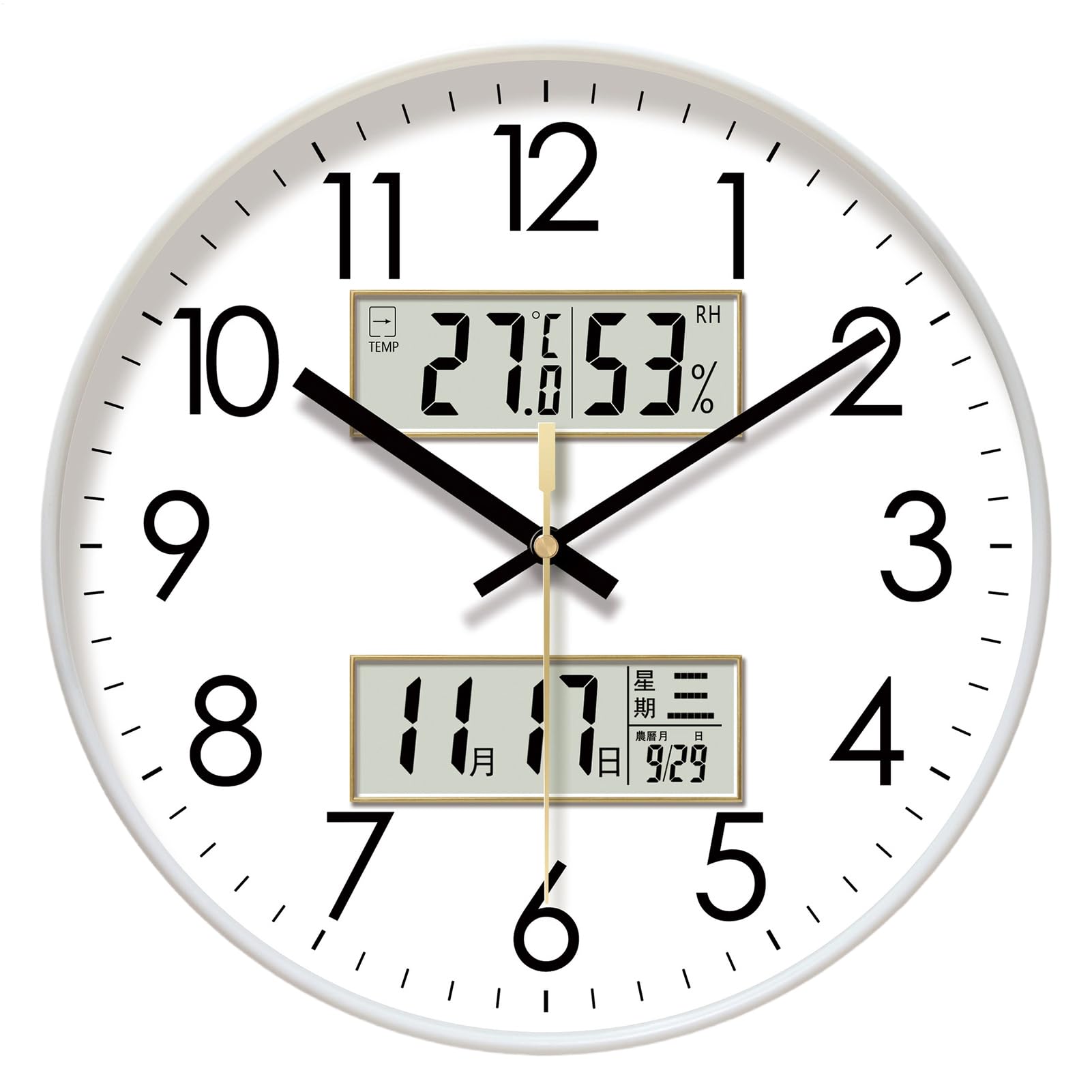 Generisch Non ticchettio – Rotondo, Illuminato, Orologio Silenzioso Con | Calendario, Temperatura E Umidità | 10/12/14 Pollici Grande Display Digitale Luce Notturna - Per Camera Da Home Decor