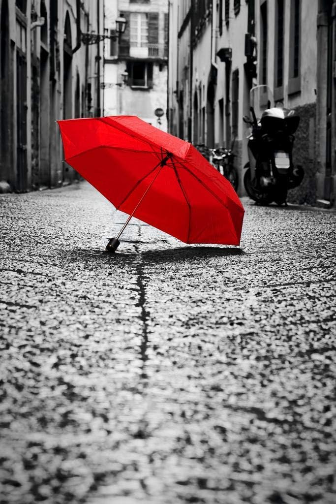 Red Umbrella Cobblestone Street Old Town Wind And Rain Black And White Cool Wall Art Print Poster 24x36