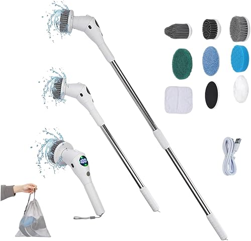 Taoke Cepillos de limpieza eléctricos, 8 cabezales de limpieza reemplazables y mango ajustable, 3 velocidades, con luz nocturna y pantalla LED,
