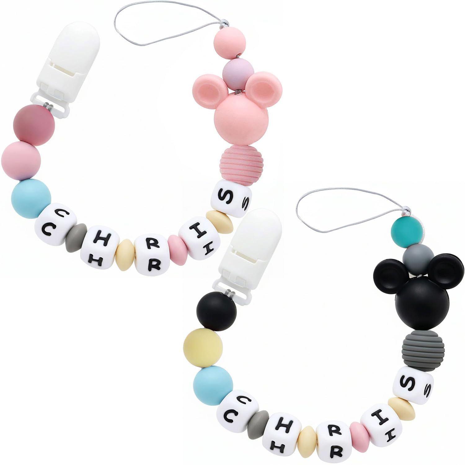 Presonalized Teether Baby Rattle with Name, Customizable Silicone Sensory Rattle with Natural Organic Beech Wood Rings for Girls Baby Shower Toys (Pink)