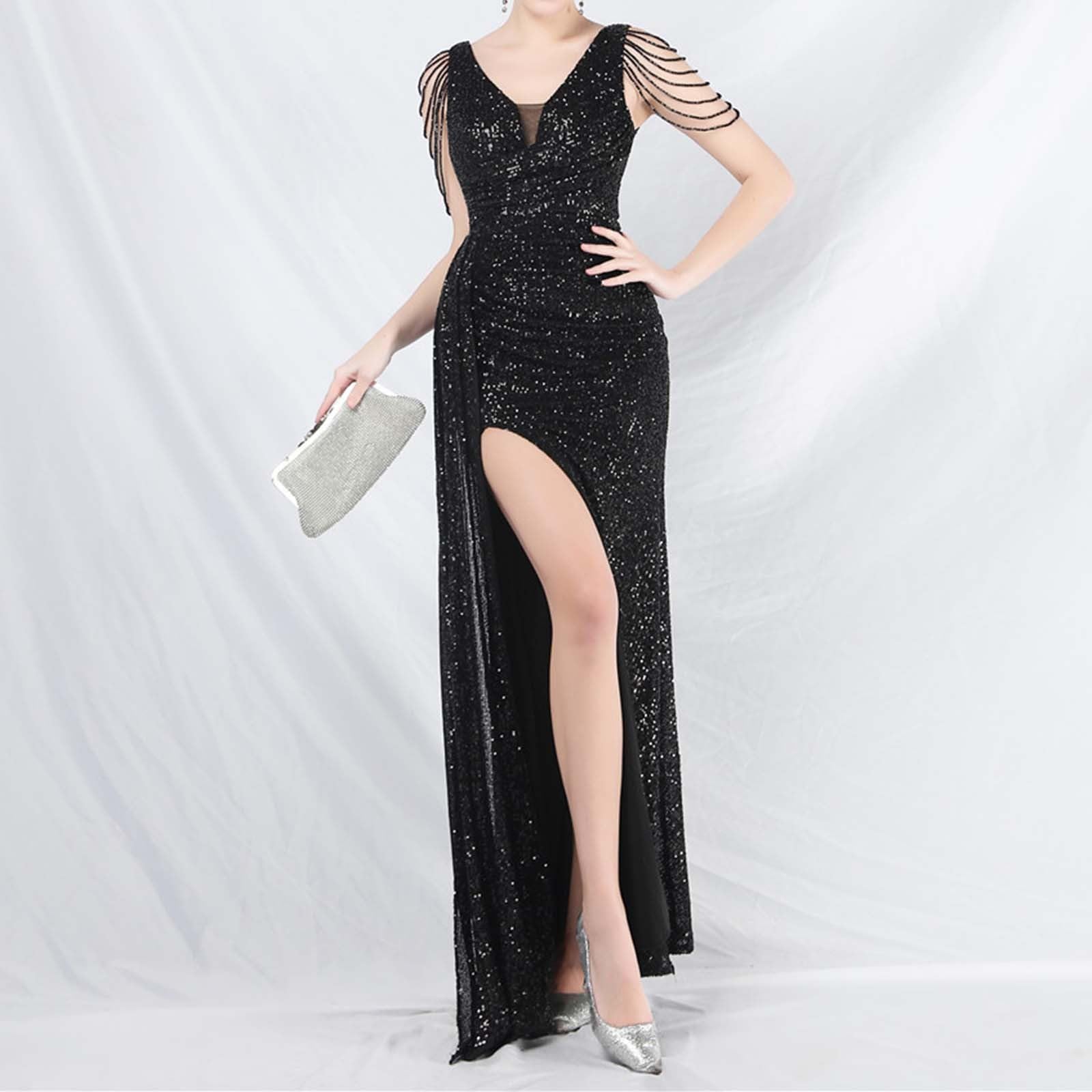 Abito da ballo da donna vintage con paillettes, in rete, con scollo a V, sexy, schiena scoperta, estivo, comodo, elegante, per il tempo libero, feste, abito da sera avvolgente