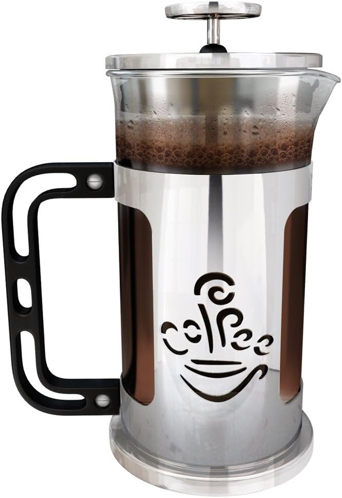 Ultimate Kitchen French Press Coffee Maker, 1 Liter (4 cups), Chrome Finished Stainless Steel, Loose Leaf Tea Brewer. Delicious Coffee Recipe on Box