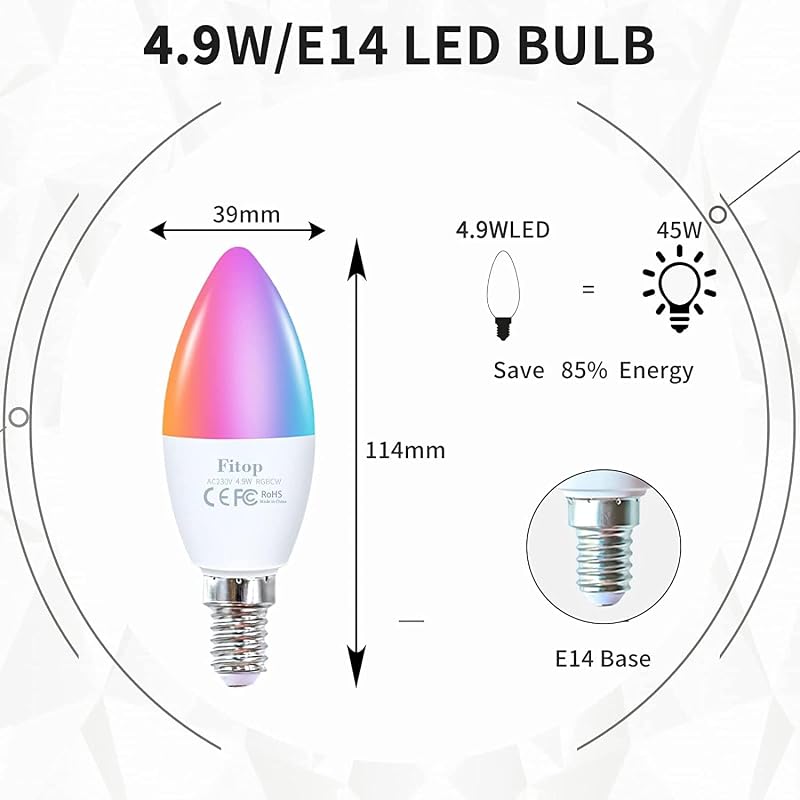 Fitop E14 WiFi LED okos izzó, 16 millió szín, Alexa/Google Home kompatibilis, 4 darab
