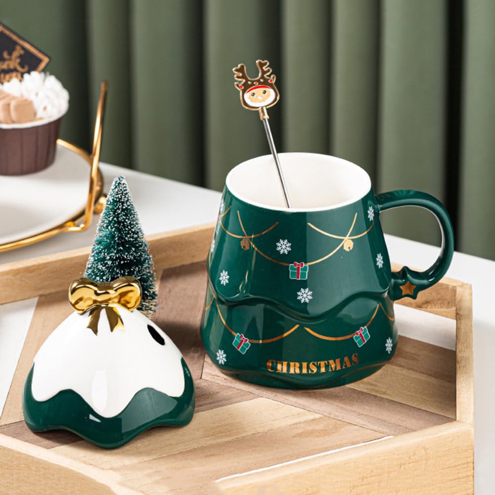 Cabilock 500ml Weihnachtstasse Groß mit Deckel & Löffel - Keramik Kaffeebecher Tannenbaum Grün, Lustige Teetasse für GlühweinKakao, Kaffeebecher & Milchtasse, Weihnachtsgeschenke für Frauen & Büro