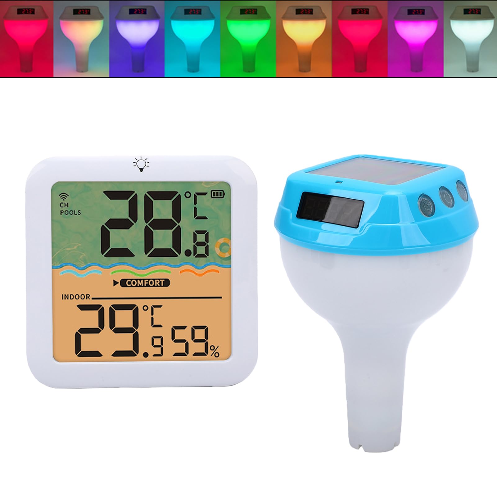 Diyeeni Termómetro Solar Digital para Piscina, Termómetro de Agua Flotante con Luz RGB con Energía Solar y Pantalla Digital Clara para Monitoreo de Humedad en Tiempo Real en Interiores y (azul marino)