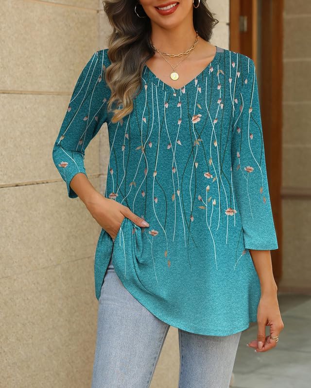 Womens Tunic Tops 3/4 Sleeve V Neck T Shirts Loose Fit Dressy Casual Blouses Boho Business Outfits - Image 2