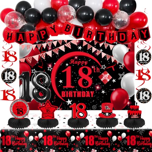 Happy 18th Birthday Decorations for Boys Girls, Red Black 18 Year Old Birthday Decorations with 18th Birthday Banner 18 Balloon Numbers Backdrop Honeycomb Centerpieces Tablecloth Balloon Arch Garland