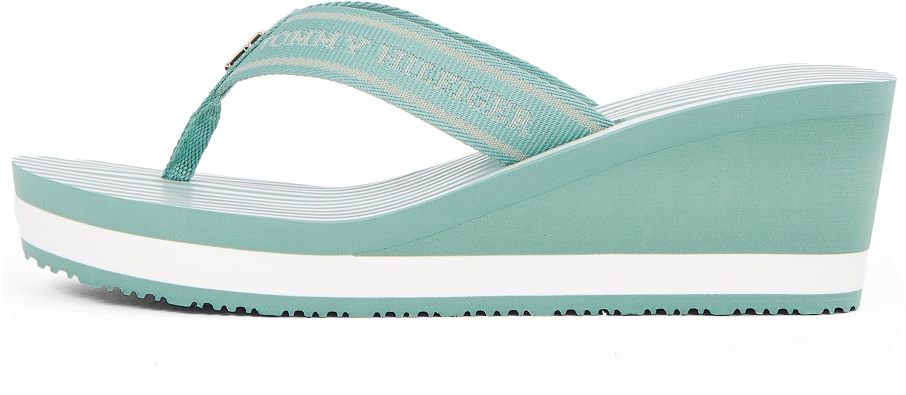 Tommy Hilfiger Women’s Stripe Flip Flops with Wedge Heel, Turquoise (Charming Green), 6
