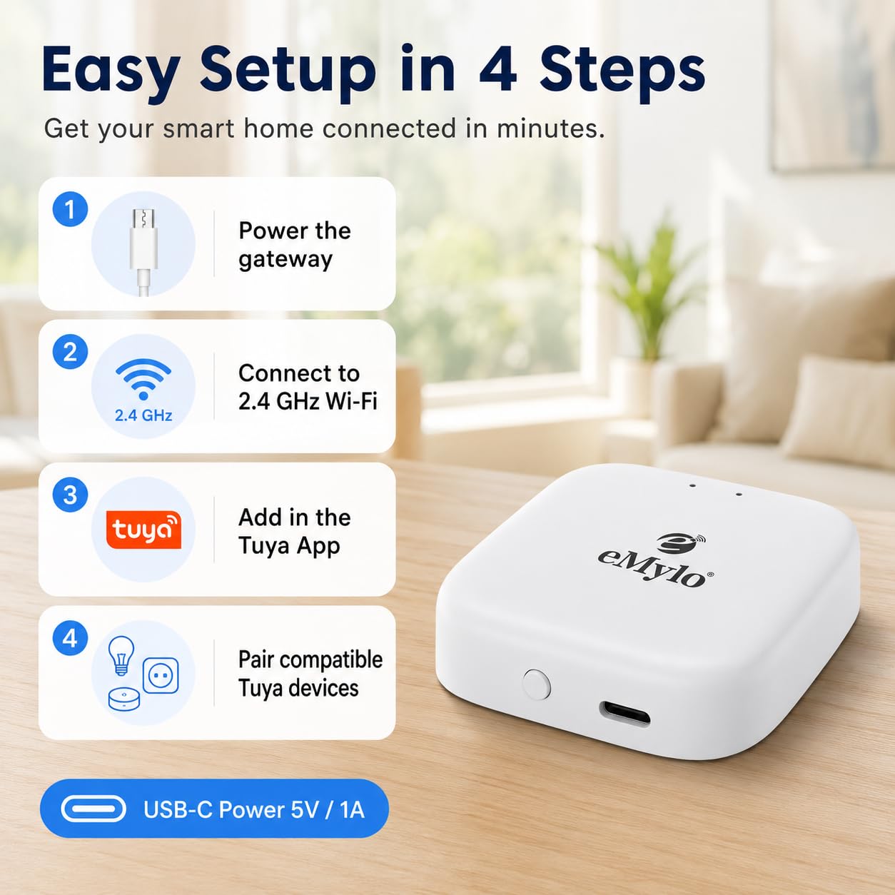 eMylo Passerelle Tuya Zigbee 3.0 Bluetooth, Hub Maison, USB C | Hub WiFi 2,4 GHz pour appareils Tuya Zigbee et Tuya Bluetooth, app Smart Life , alimentation Type C