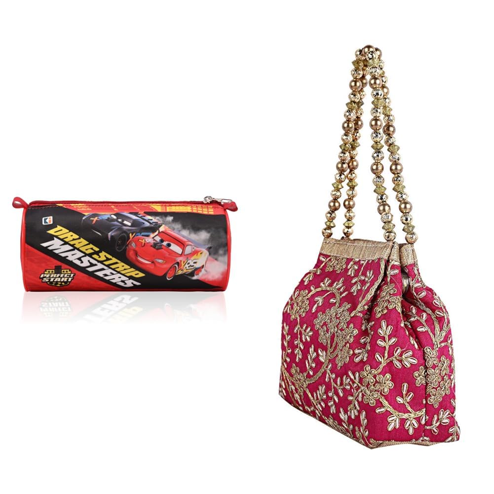 kuber industries Round Pencil Pouch | Disney Car Pencil Pouch for Kids | Stationary Holder | + Women's Polyester Embroidered Woman Potli Bag, Pink - CTKTC31391-picture-11