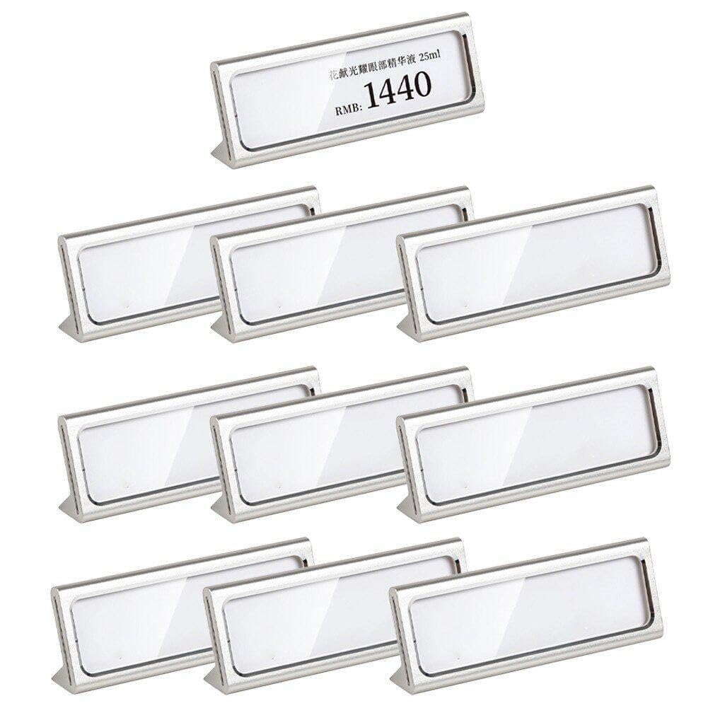 Zghhc 10pcs Mini Clear Sign Display Holder with 10pcs Blank Labels, Horizontal Slanted L-shape Metal Name Card Price Card Tag Label Stand