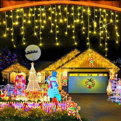 Christmas Lights Outdoor Decorations, 49FT 480 LED String Light for Outside, 90 Drops Ice String Light with 8 Modes , Waterproof Timer Memory Hanging Lights for Eaves Party Yard Garden(Warm White)